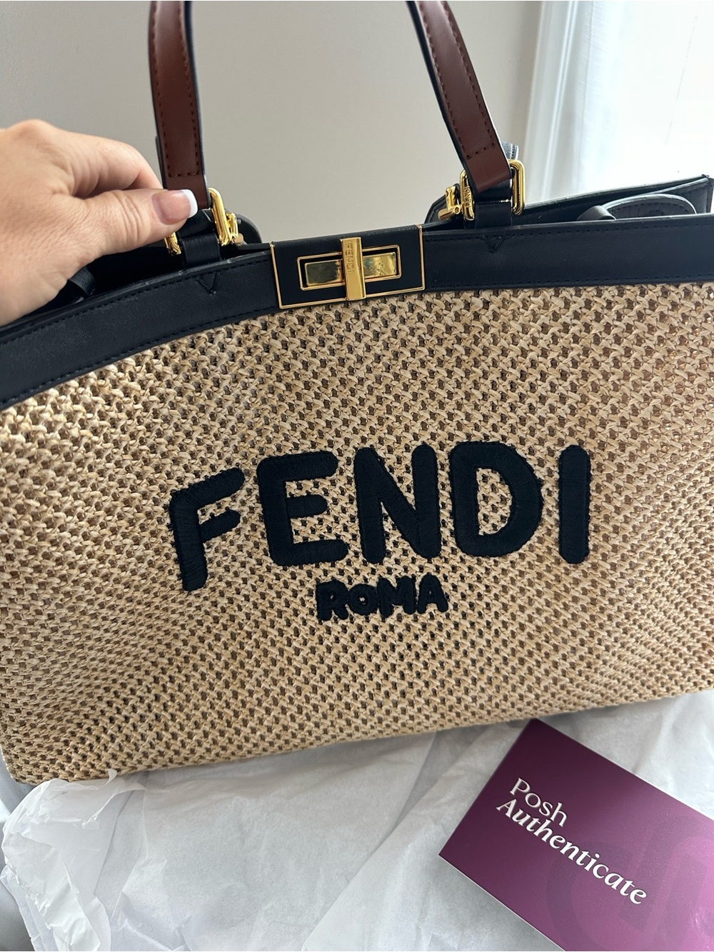 Fendi Beige Straw Tote with Black Logo and Brown Leather Handles
